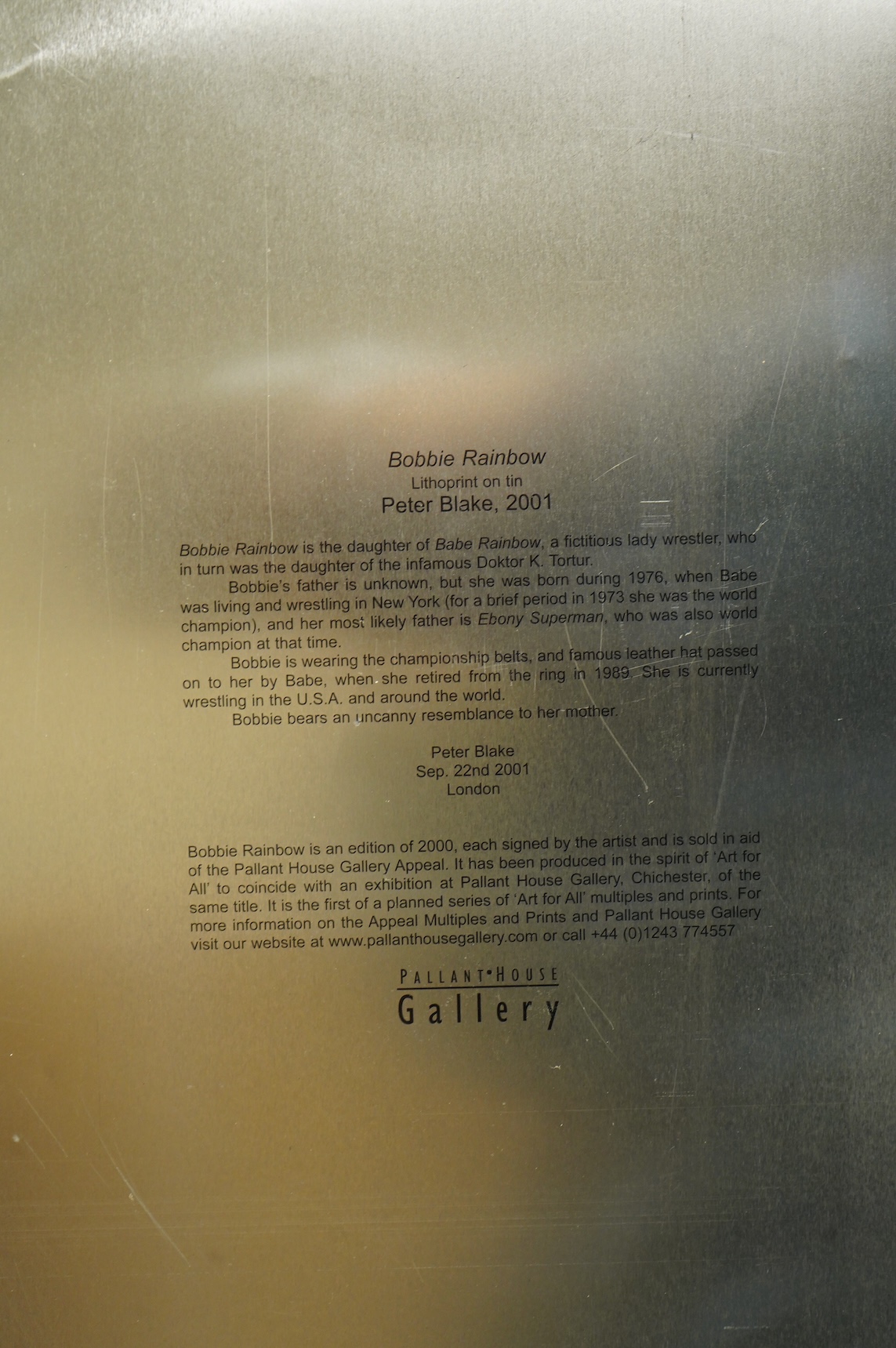 Peter Blake CBE RDI RA (b.1932), ‘Bobbie Rainbow, 2001’, signed and limited edition 274/2000, lithograph on tin panel, Pallant House Gallery stamp verso, unframed, 66 x 44cm